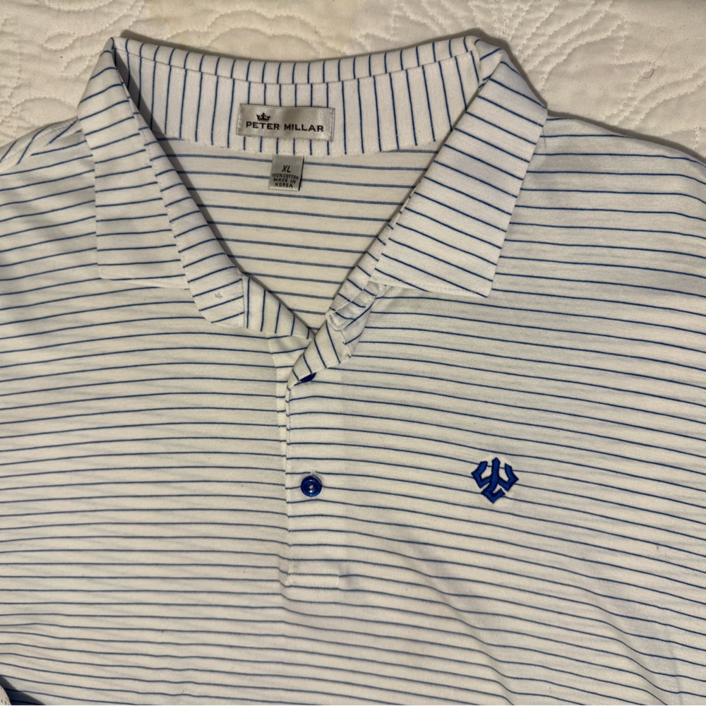 Peter Millar cotton W&L white polo with blue stripe size XL